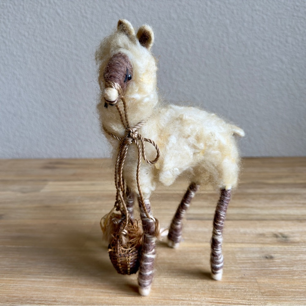 Handmade Wool Felt Llama Alpaca Figurine Folk Art Miniature w Basket 10in - Picture 2 of 15